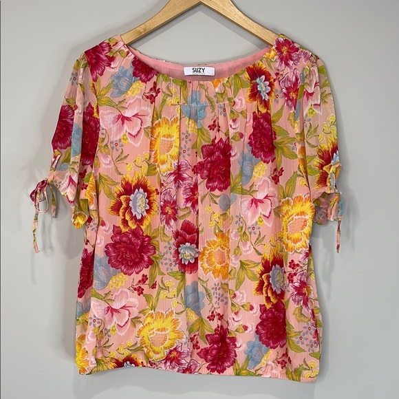 Suzy Shier Plisse Floral Blouse Tied Sleeves Pink Red Yellow Elastic Waistband L - Picture 12 of 12